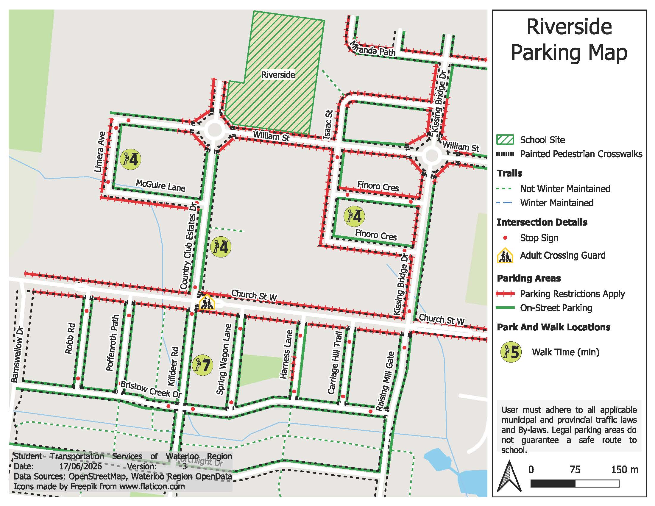 map of area around Riverside School in Elmira, showing places to park away from school